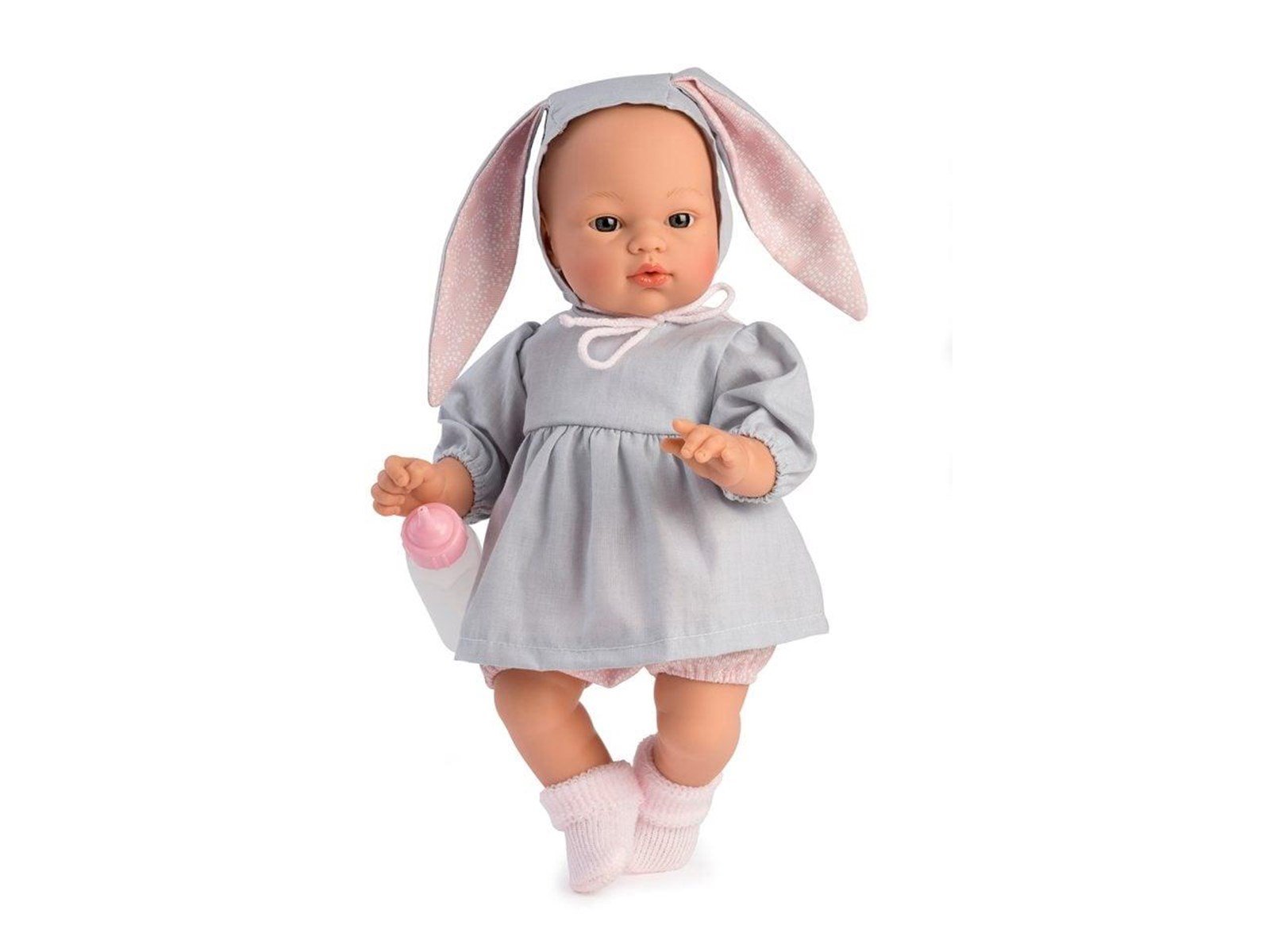 Asi Koke baby doll in gray dress with a hood with rabbit ears 36 cm