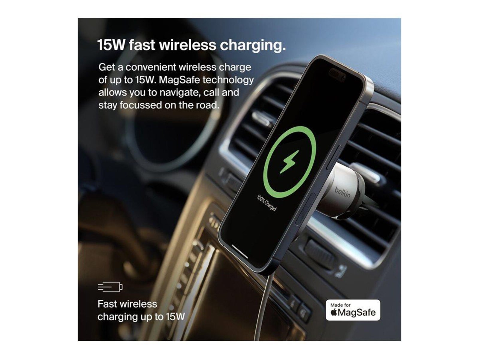Belkin car wireless charging holder - magnetic with Qi2 + car power adapter - 15 Watt