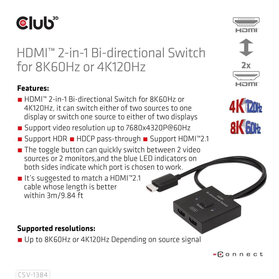 Club3D HDMI Switch 2-in-1 bidirektional   8K60Hz/4K120Hz UHD ret