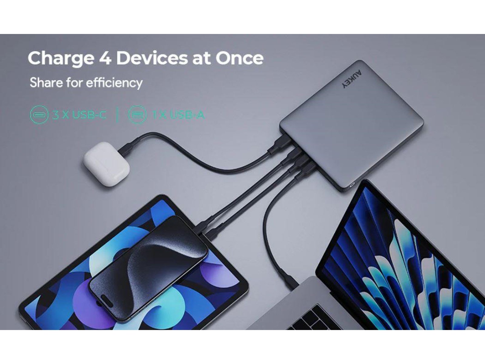 Aukey Powerbank 100W 20000mAh 3xUSB-C PD 3.0 Powerbank (Akku) - Grau - 20000 mAh