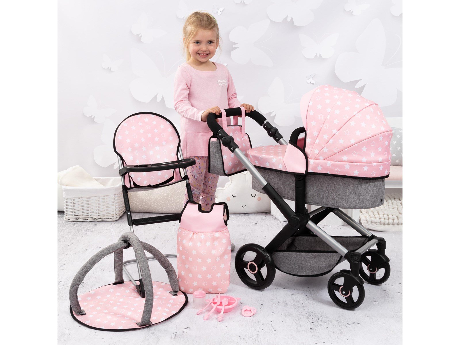 Bayer Design Doll's Pram Xeo Deluxe Set - Grey/Pink