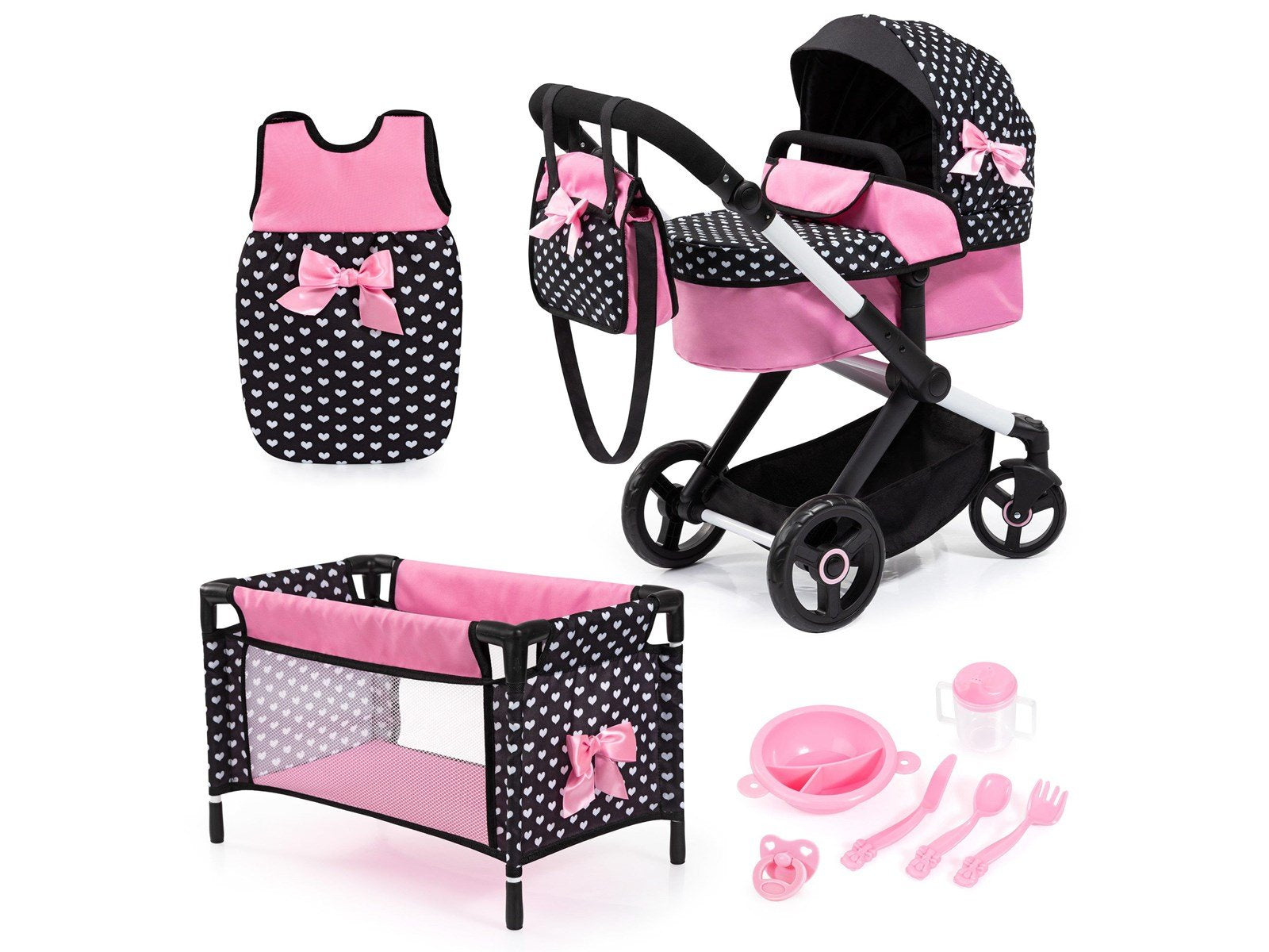 Bayer Design Doll's Pram Xeo Mega Set - Black/Pink