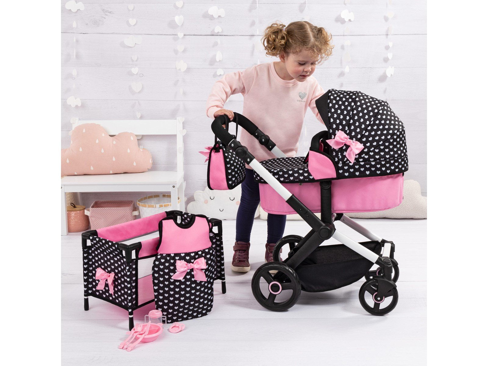 Bayer Design Doll's Pram Xeo Mega Set - Black/Pink