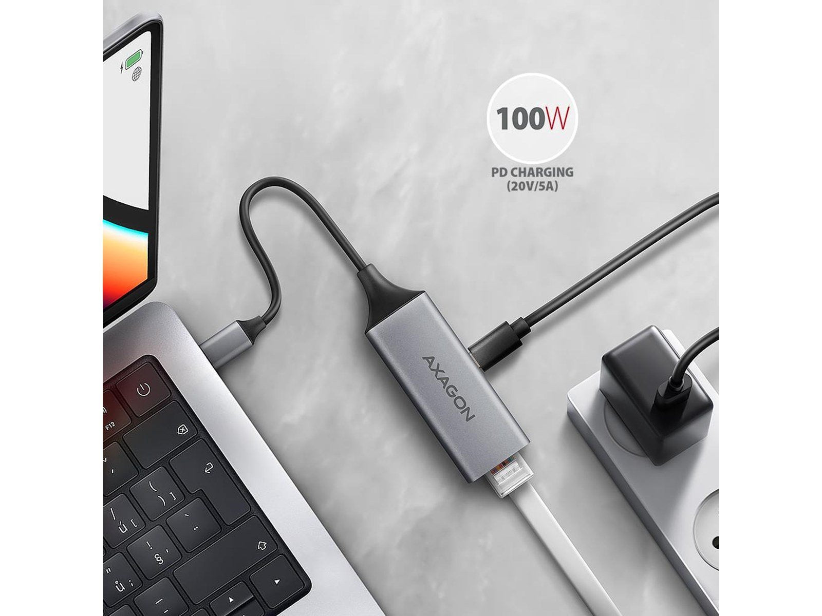 AXAGON ADE-TXPD USB-C Gigabit Ethernet Adapter Power Delivery 100W