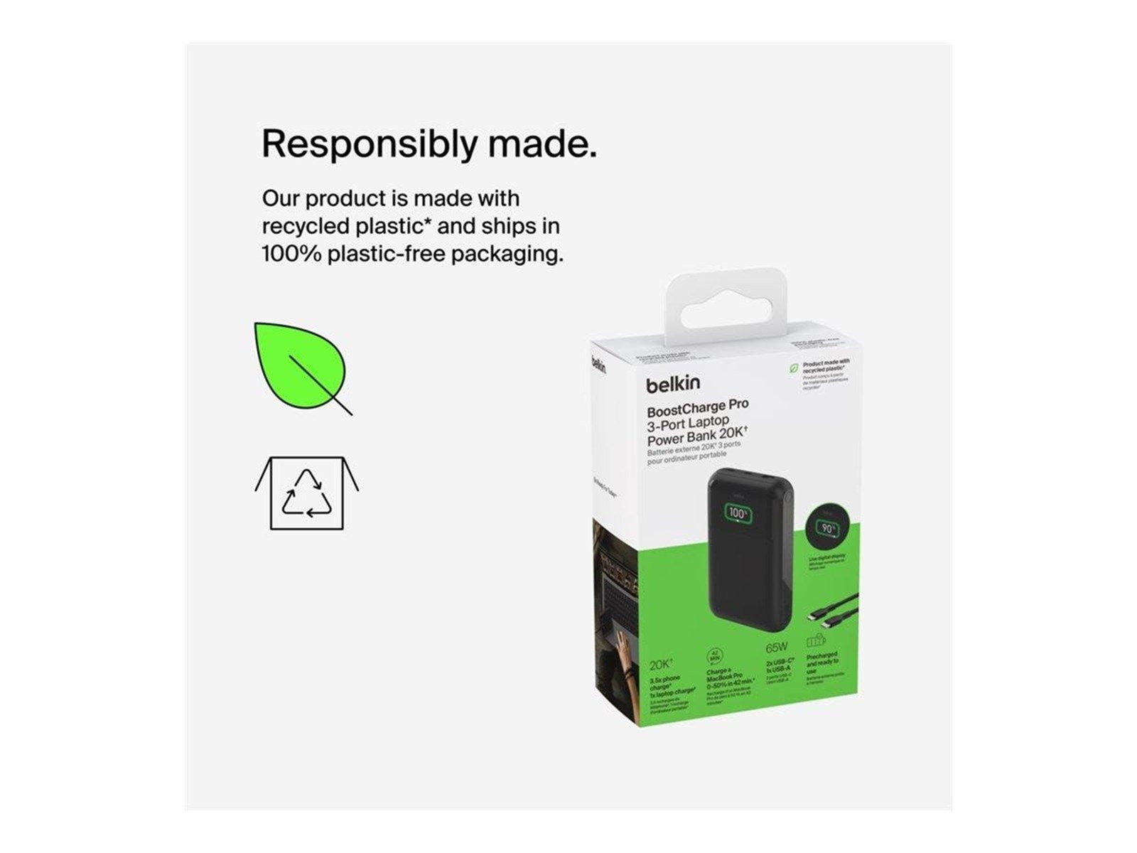 Belkin BoostCharge Pro power bank - 24 pin USB-C USB - 65 Watt Powerbank (Akku) - schwarz - 20000 mAh