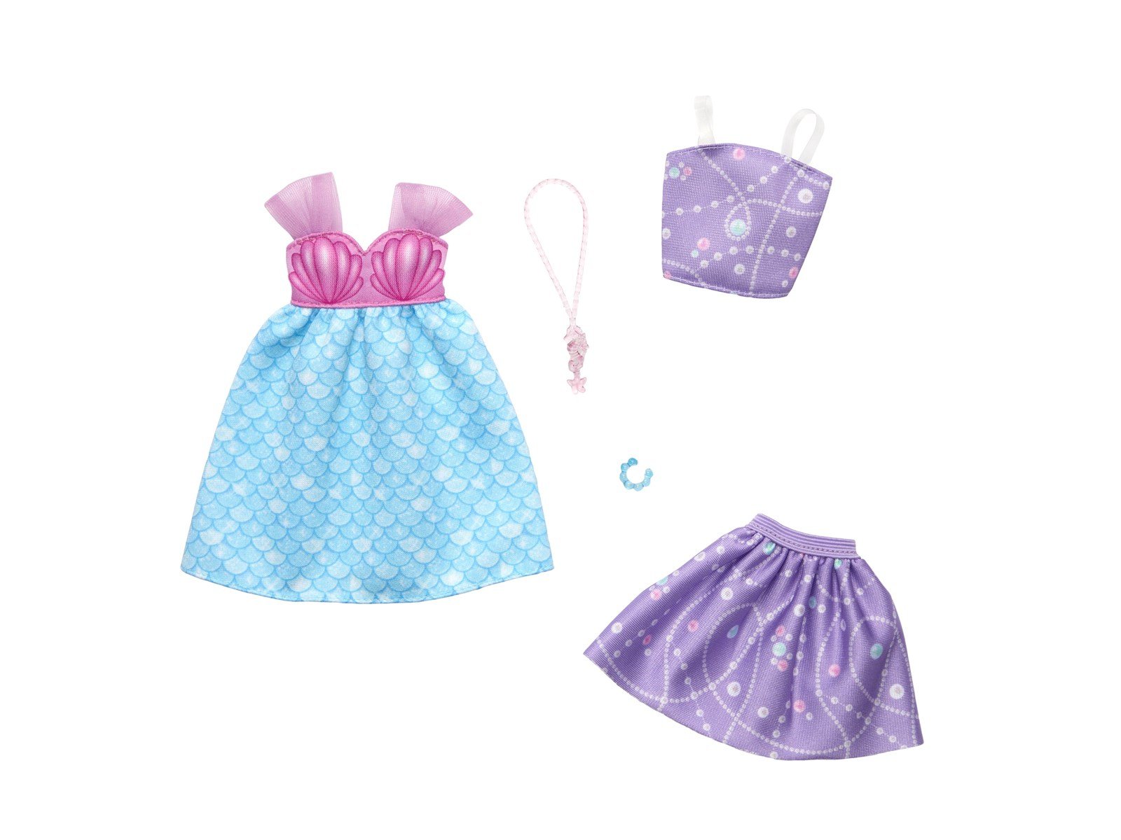 Barbie Fashion 2-Pack Mermaid Dress Purple Top + Skirt Pink Seahorse Necklace And A Blue Bracelet