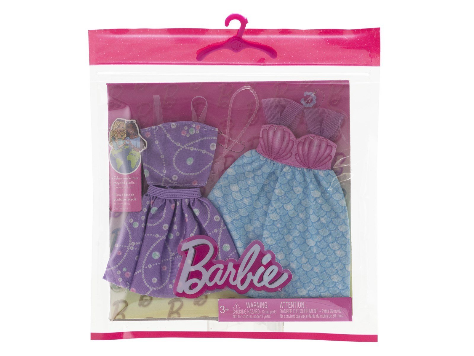 Barbie Fashion 2-Pack Mermaid Dress Purple Top + Skirt Pink Seahorse Necklace And A Blue Bracelet