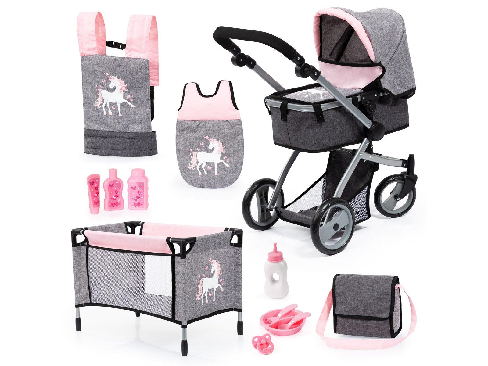 Bayer Design Doll's Pram Mega Set - Pink / Grey (18333AC)