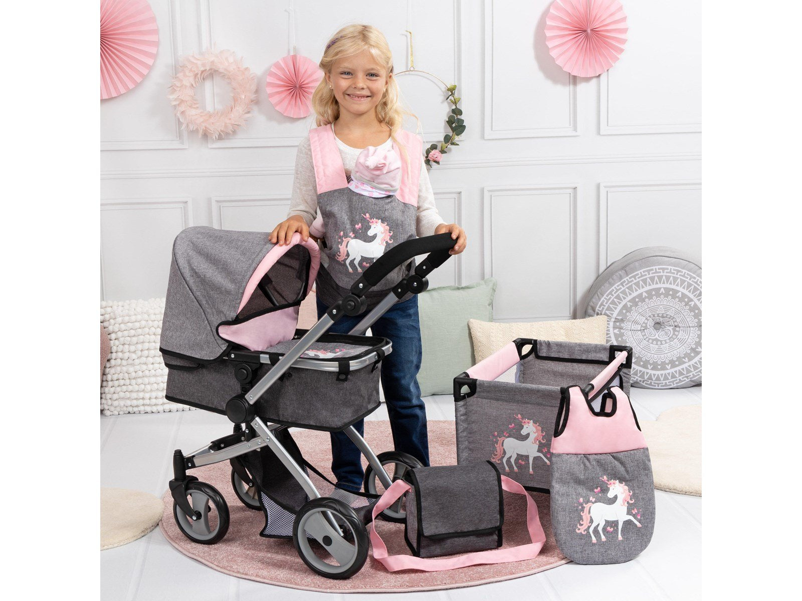 Bayer Design Doll's Pram Mega Set - Pink / Grey (18333AC)