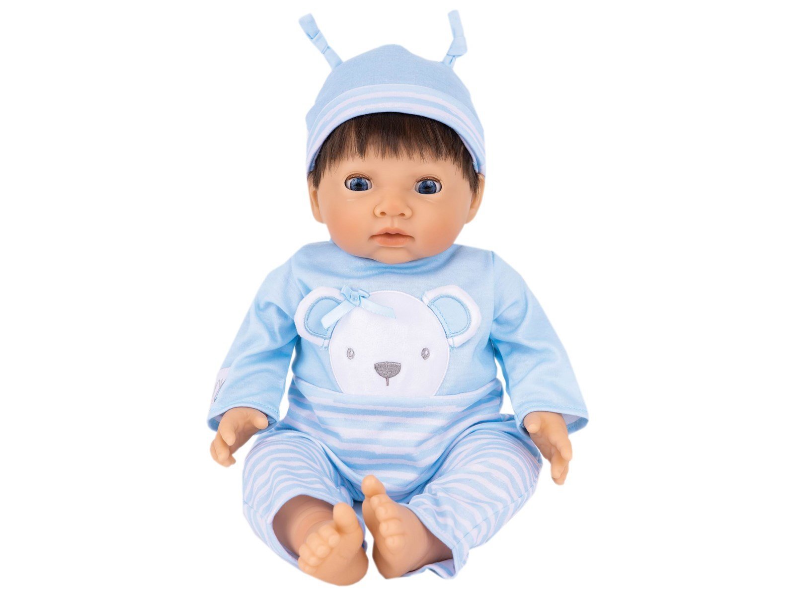 Tiny Treasures Doll with brown hair and blue outfit