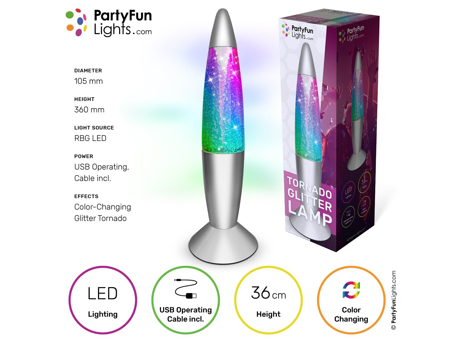 Party Funlight Tornado glitter lampe - Multifarvet H: 36cm