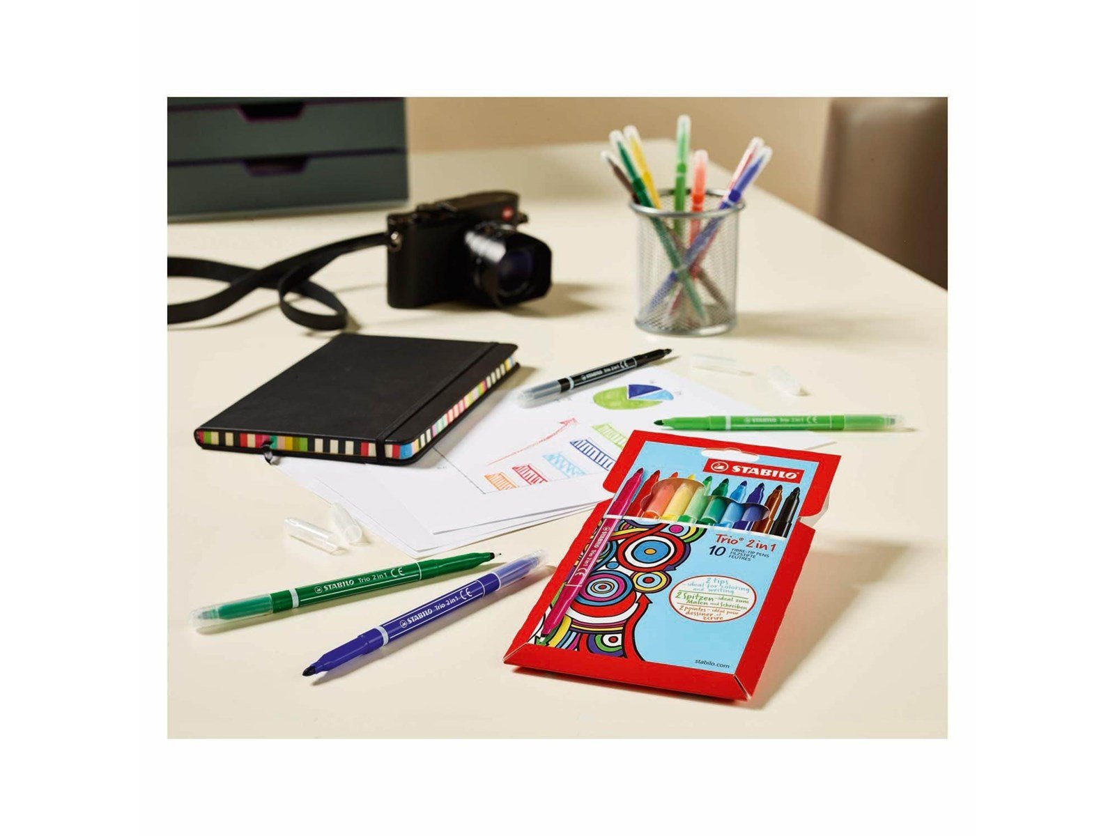 STABILO Trio 2 in 1 - Felt-tip pen and fineliner in one - Set of 10 pieces