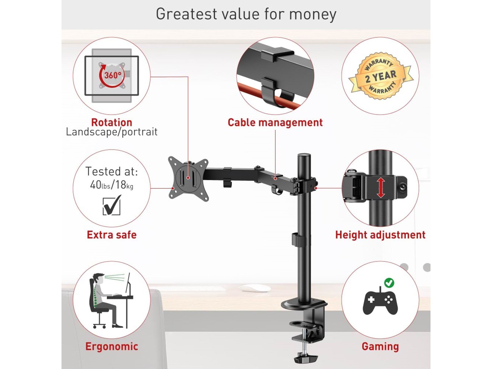 Barkan Monitor Arm - 1 Monitor13'- 34' - Black