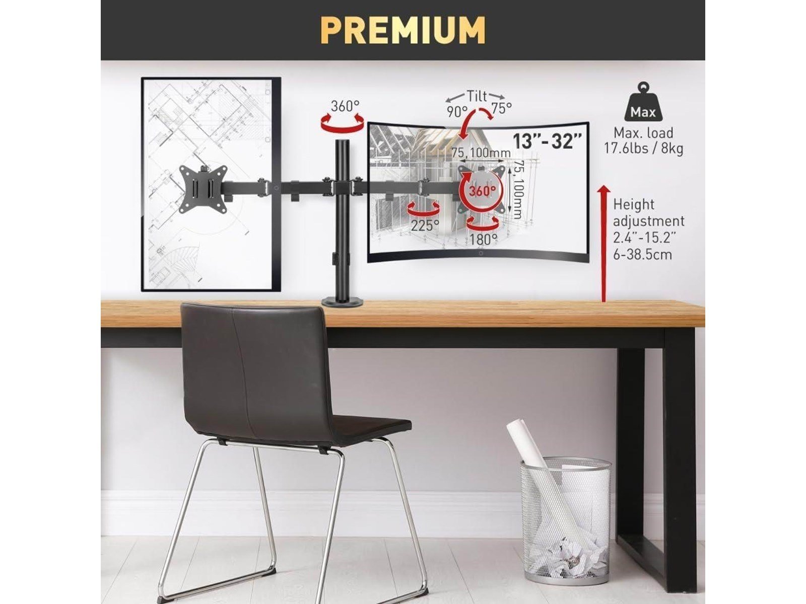Barkan Monitor Arm - 2 Monitors 13'- 32' - Black
