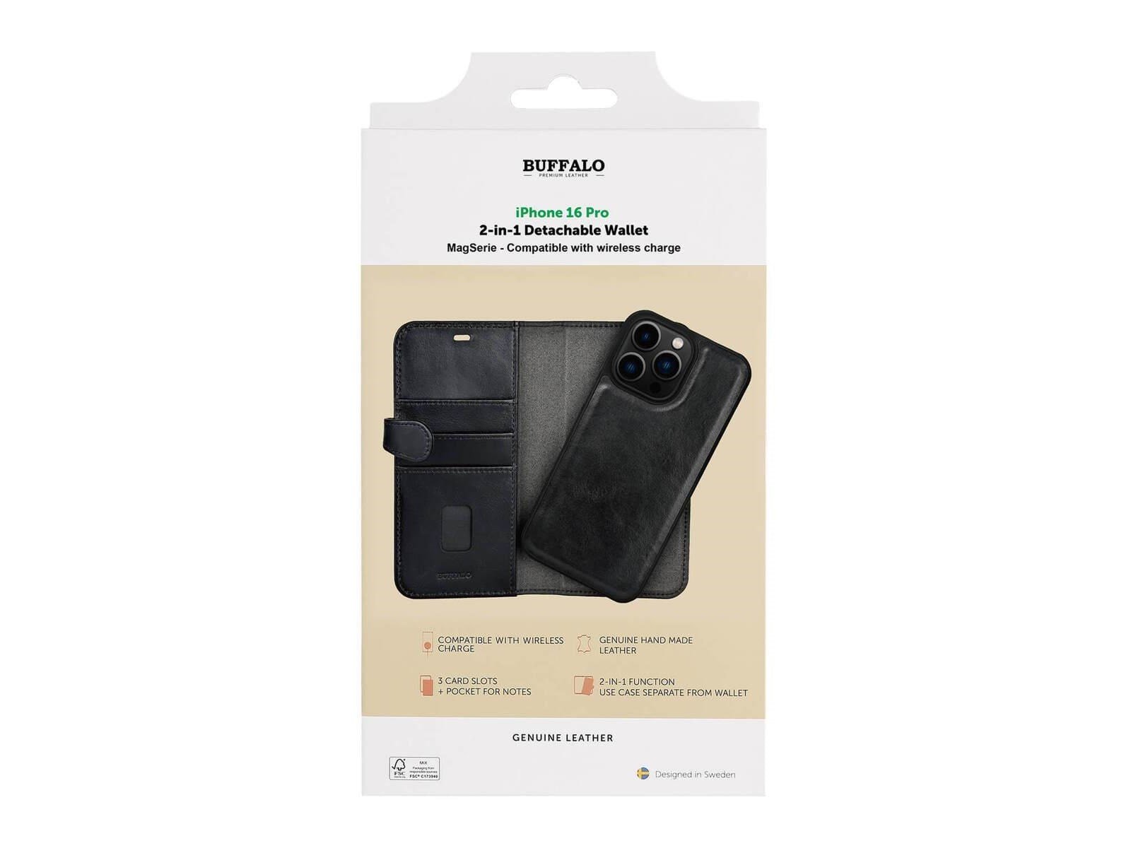 Buffalo 2-in-1 Wallet MagSeries 3 Card Slots for iPhone 16 Pro - Black
