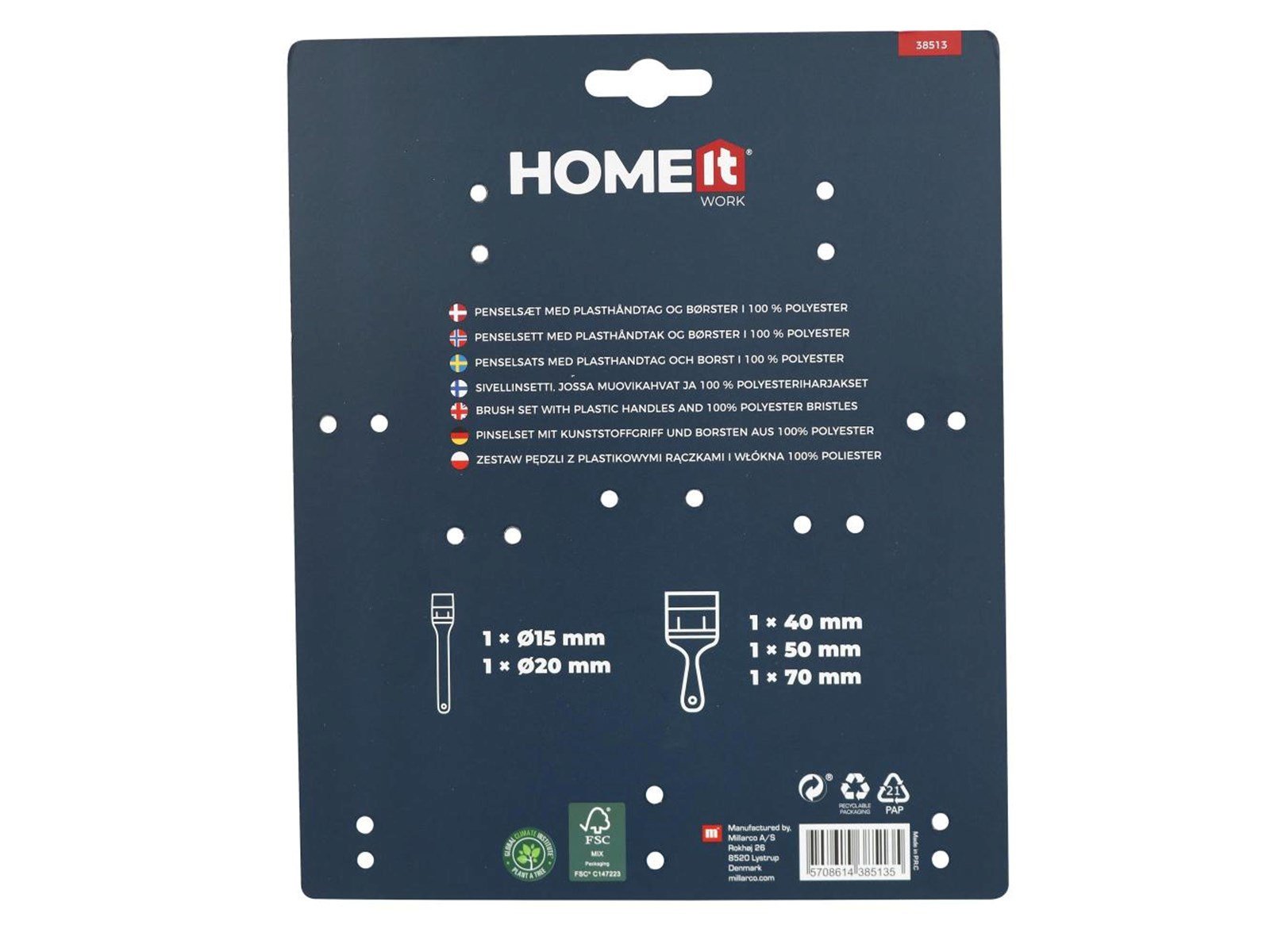 Workit Homeit® Work. Brush set - 3 flat 40/50/70 mm + 2 round - Blue/red