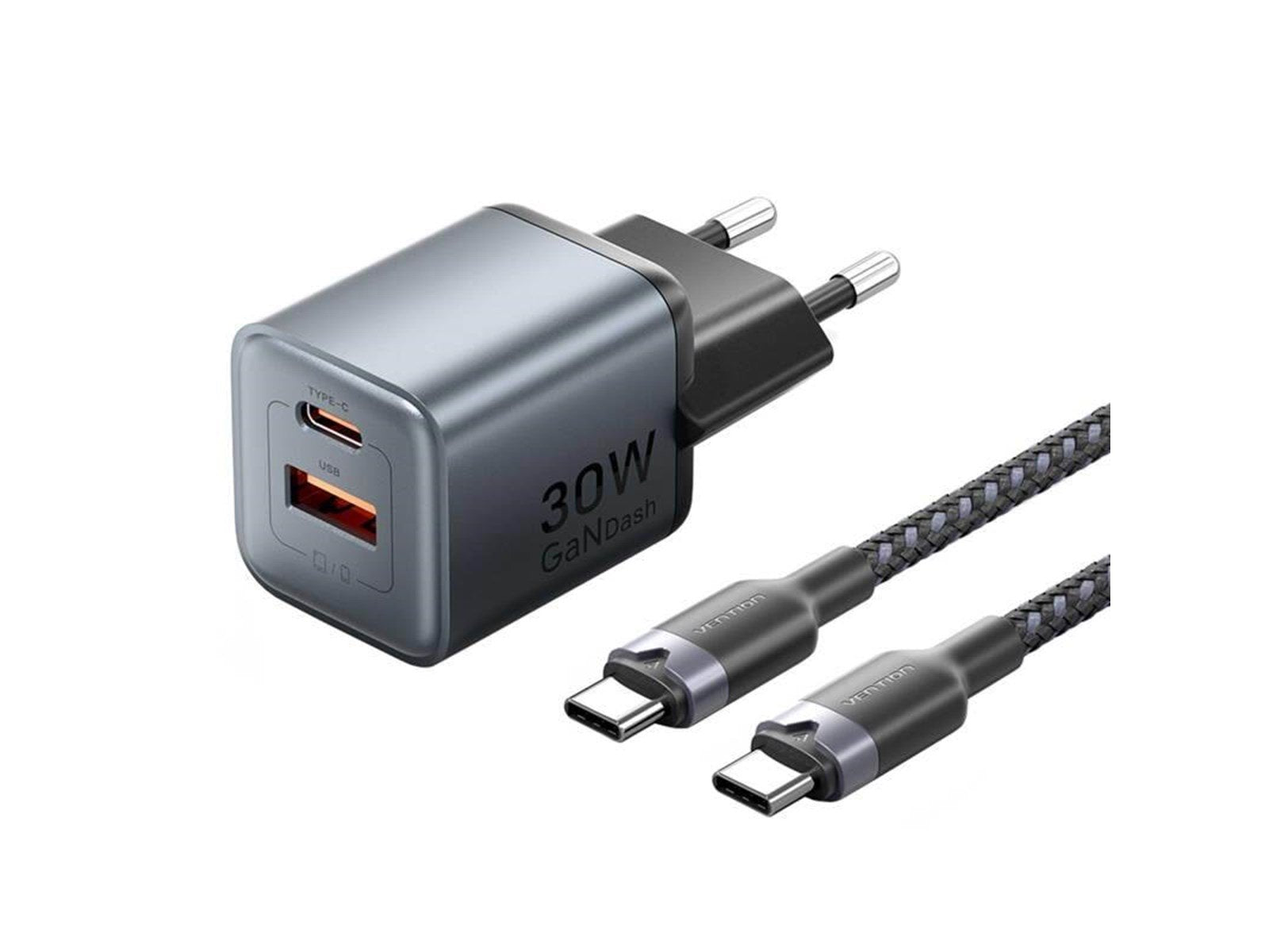 Vention GaN USB-C+A 30W Charger + USB-C-C Cable 1m (Gray)