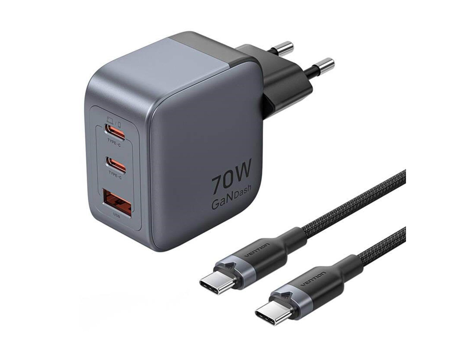 Vention GaN USB-C+C+A 70W Charger + USB-C-C Cable 1m (Gray)