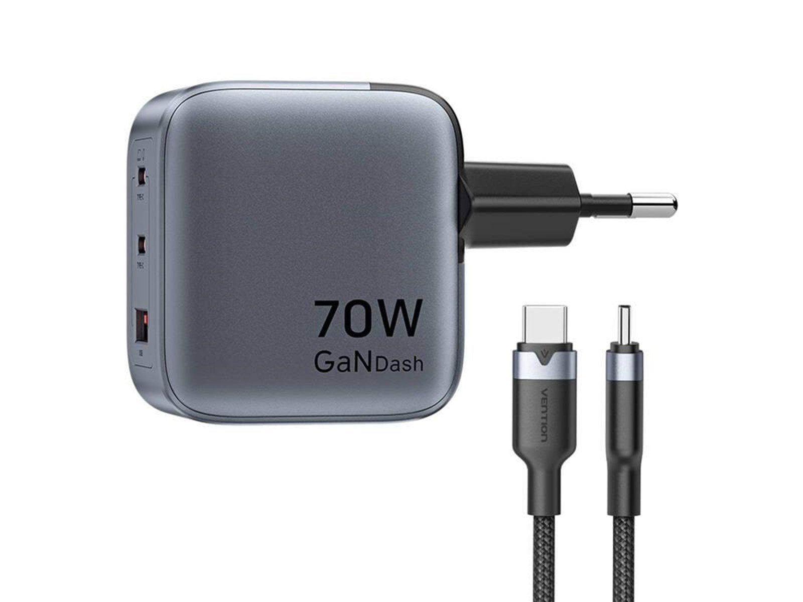 Vention GaN USB-C+C+A 70W Charger + USB-C-C Cable 1m (Gray)