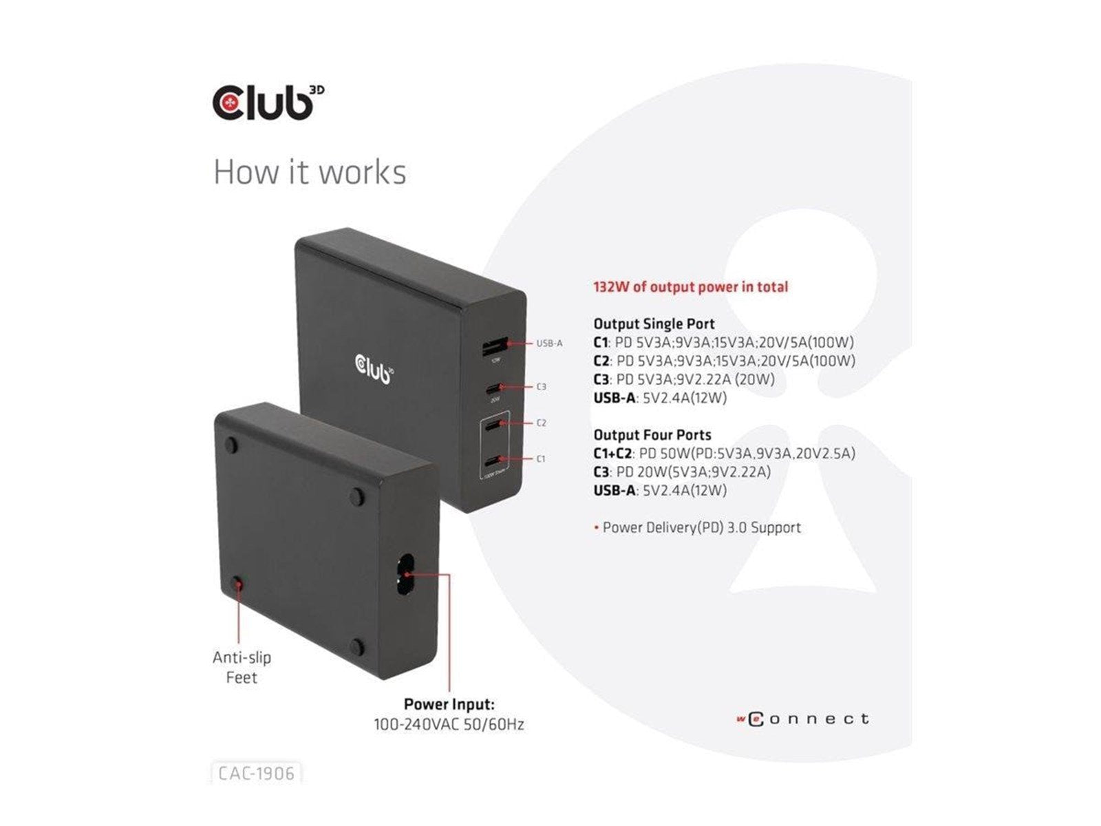 Club 3D CAC-1906 - power adapter - 132 Watt