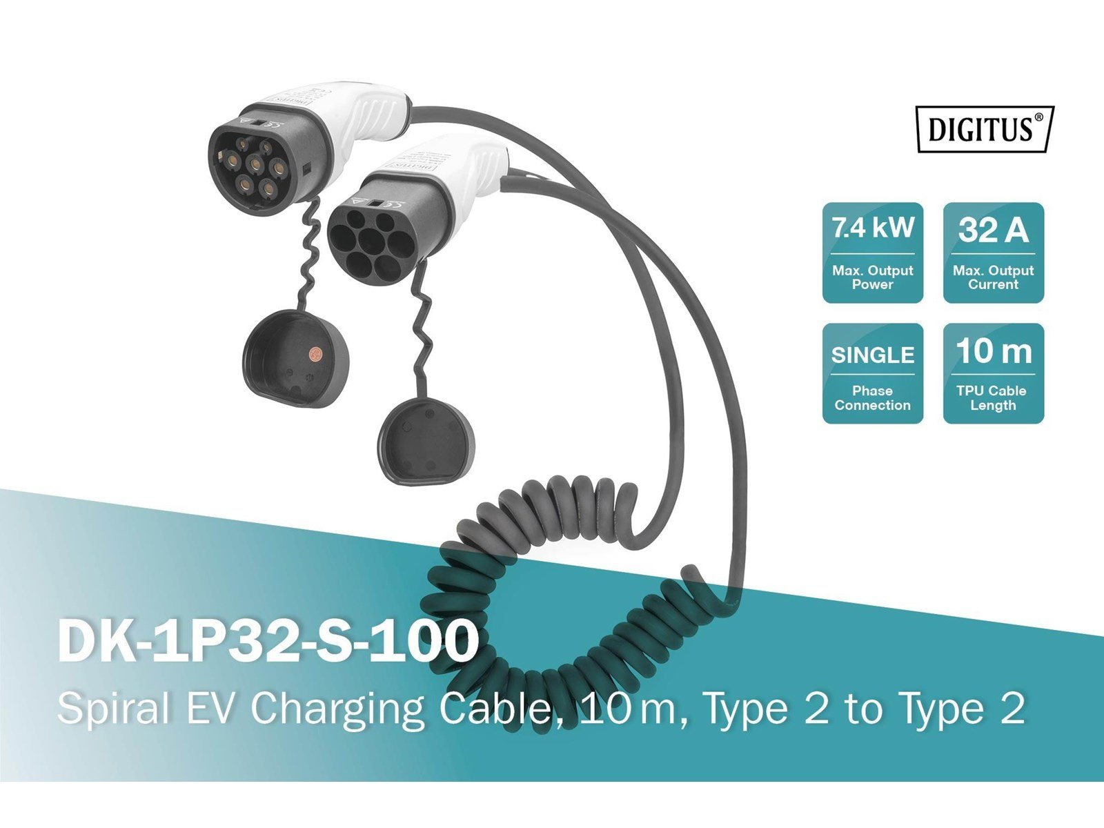 DIGITUS EV Spiral Charging Cable - Type 2 - 32A - 10m | Single Phase