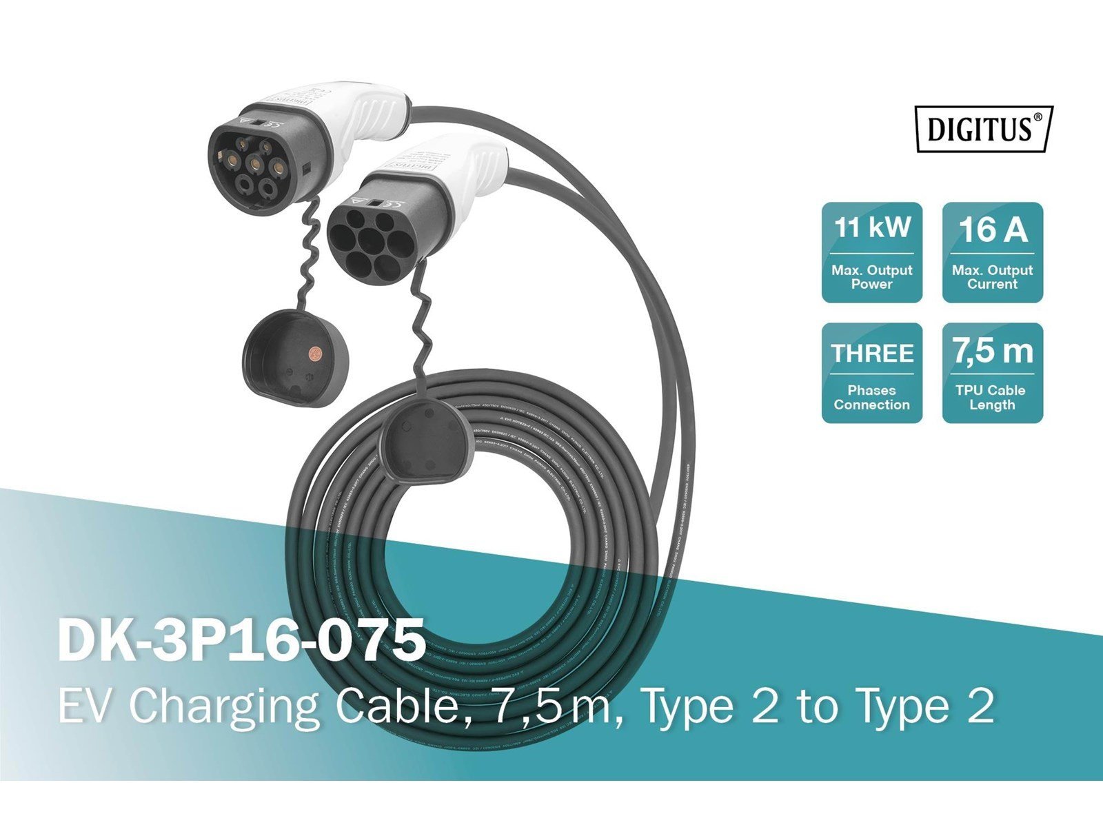 DIGITUS EV Charging Cable - Type 2 - 16A - 7.5m | Three Phase