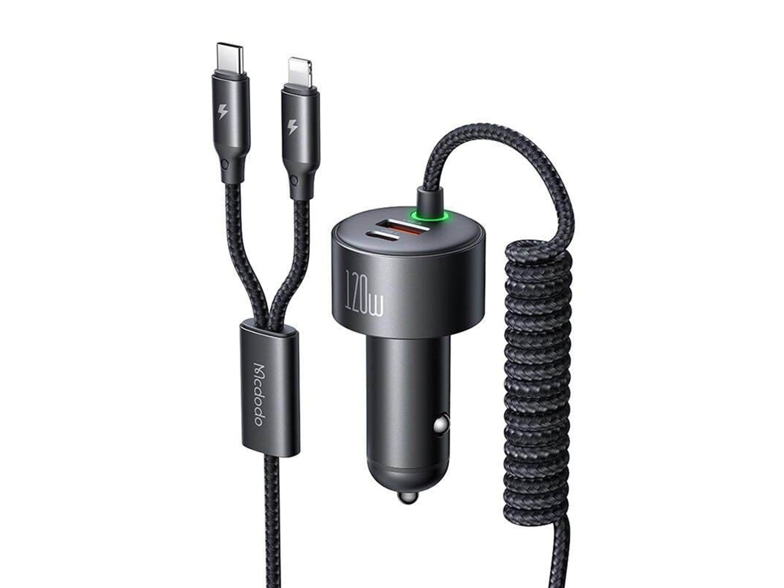 Mcdodo CC-0370 car charger USB-C Lightning 120W retractable cables