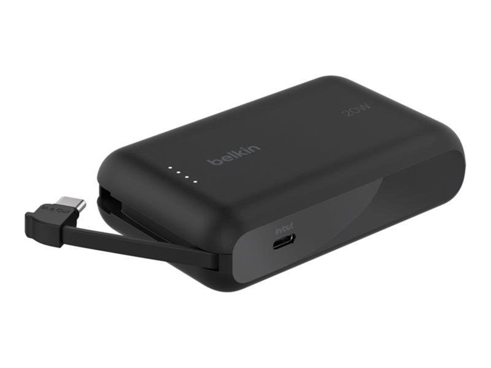 Belkin BoostCharge power bank - with integrated cable - 24 pin USB-C - 20 Watt Powerbank (Akku) - schwarz - 10000 mAh