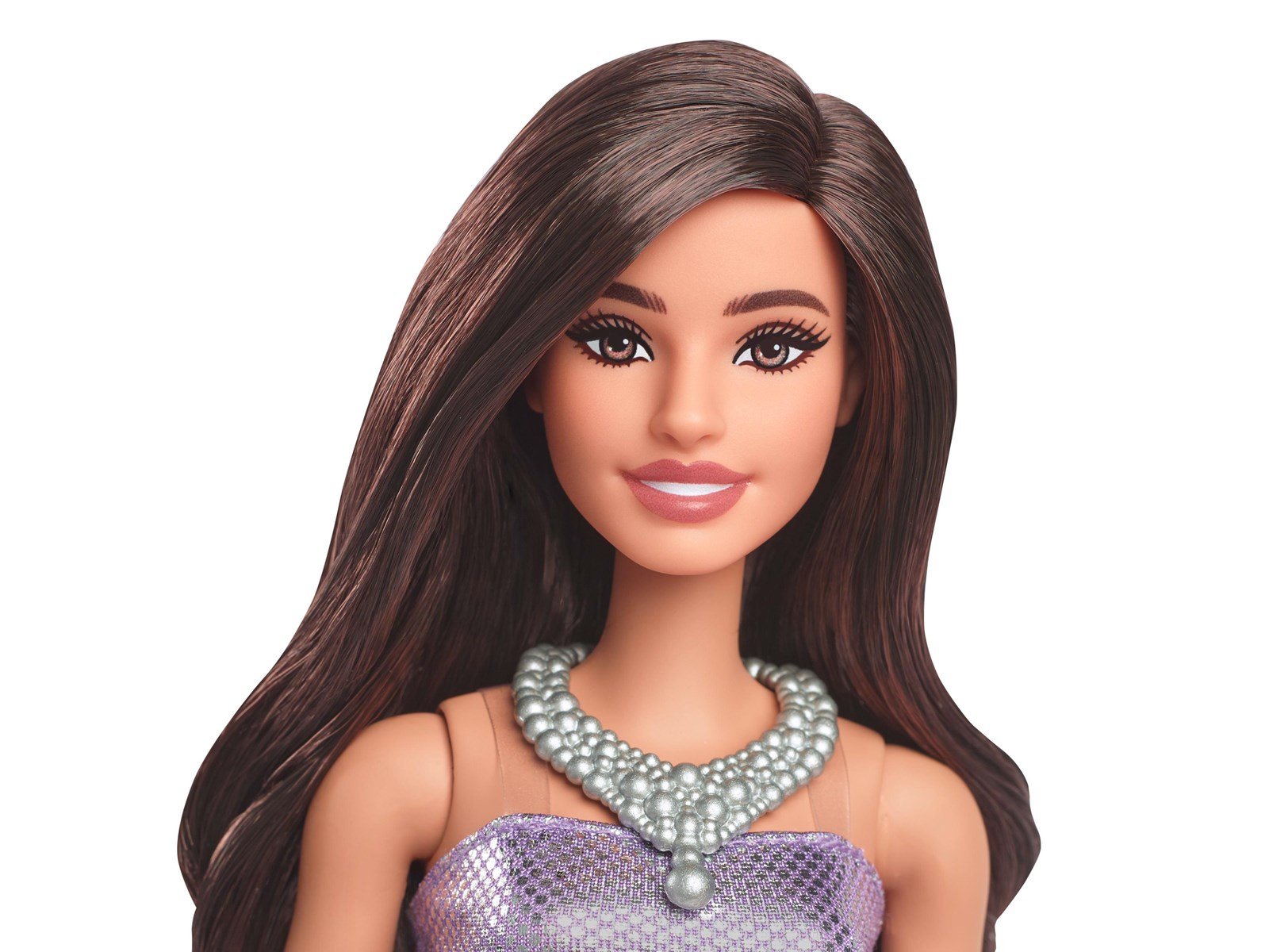 Barbie Fashionistas Doll 234 in Sequined Purple Dress And Silvery Accessories Brown Hair