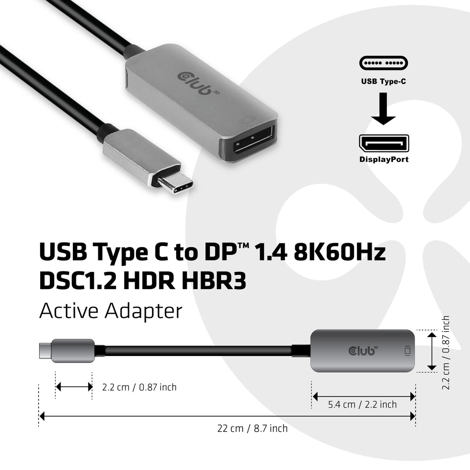 Club3D Adapter USB 3.2 Typ C > DP 1.4 8K60Hz HDR aktiv St/Bu ret