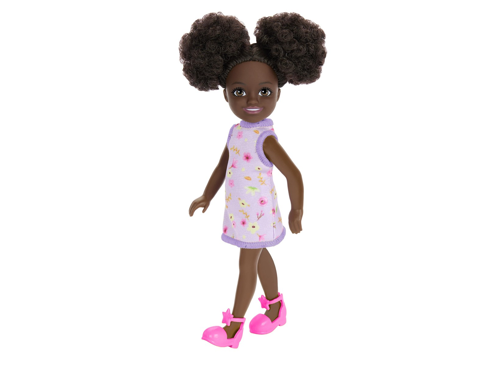 Barbie Chelsea Doll - Purple Floral Dress with Space Buns & Brown Eyes