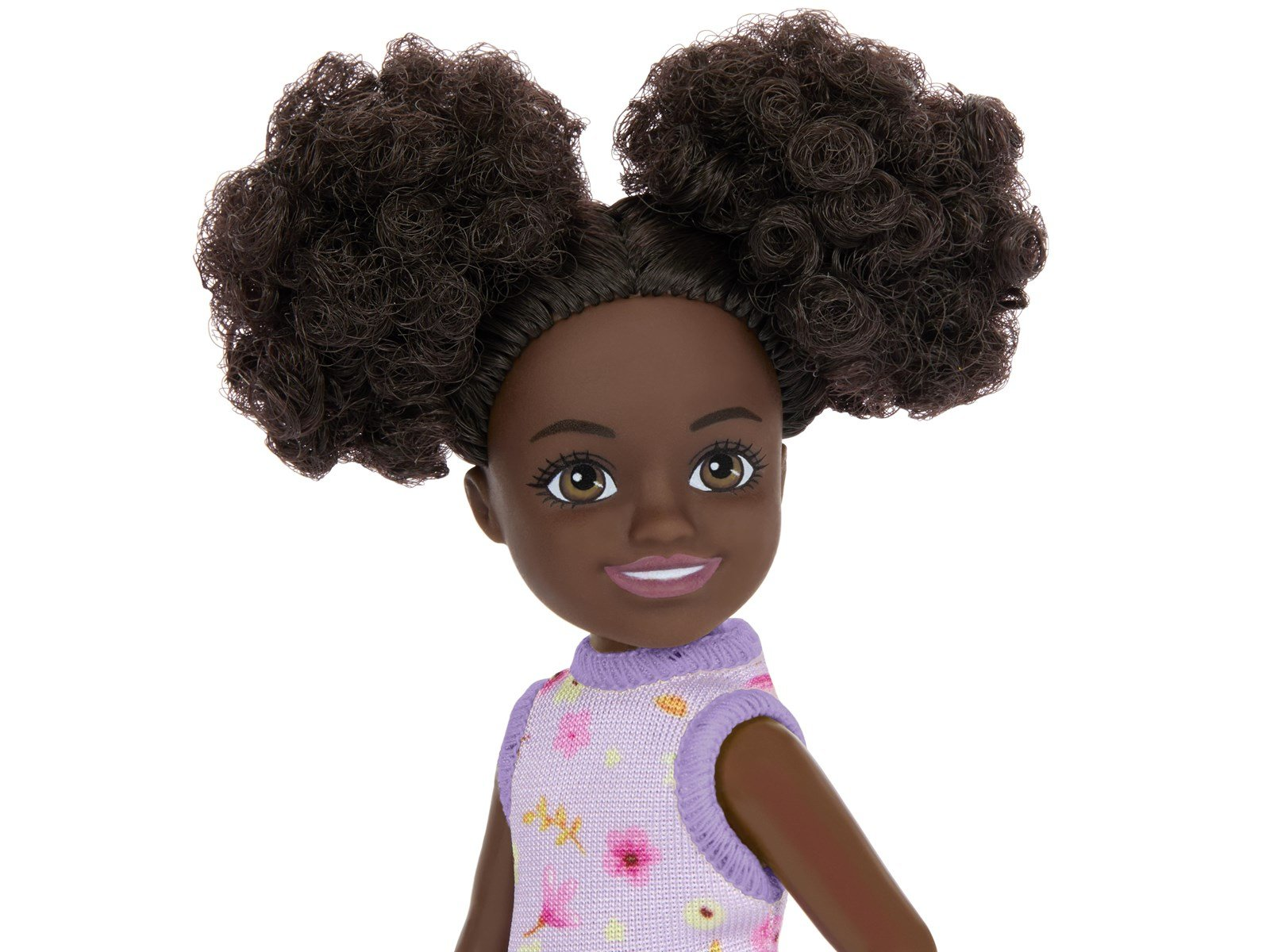 Barbie Chelsea Doll - Purple Floral Dress with Space Buns & Brown Eyes