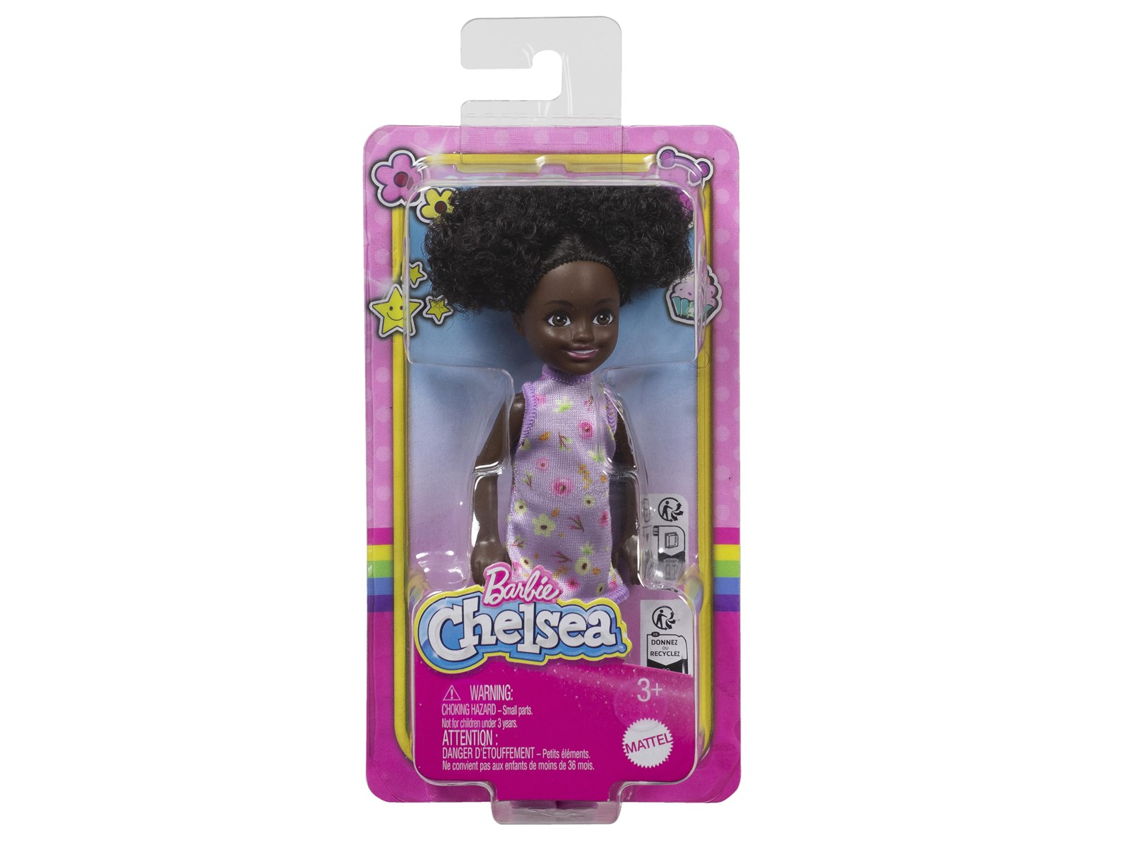 Barbie Chelsea Doll - Purple Floral Dress with Space Buns & Brown Eyes