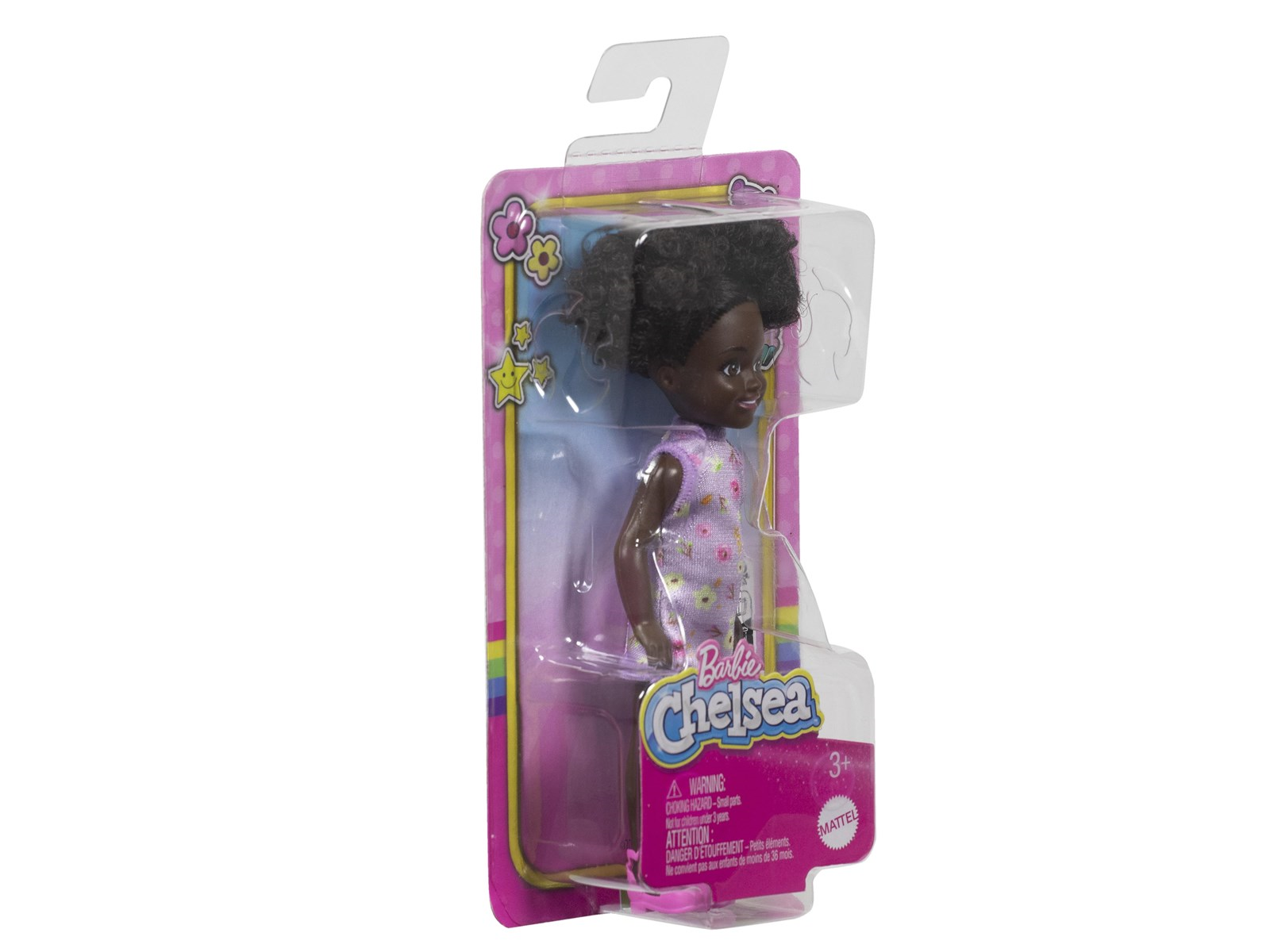 Barbie Chelsea Doll - Purple Floral Dress with Space Buns & Brown Eyes
