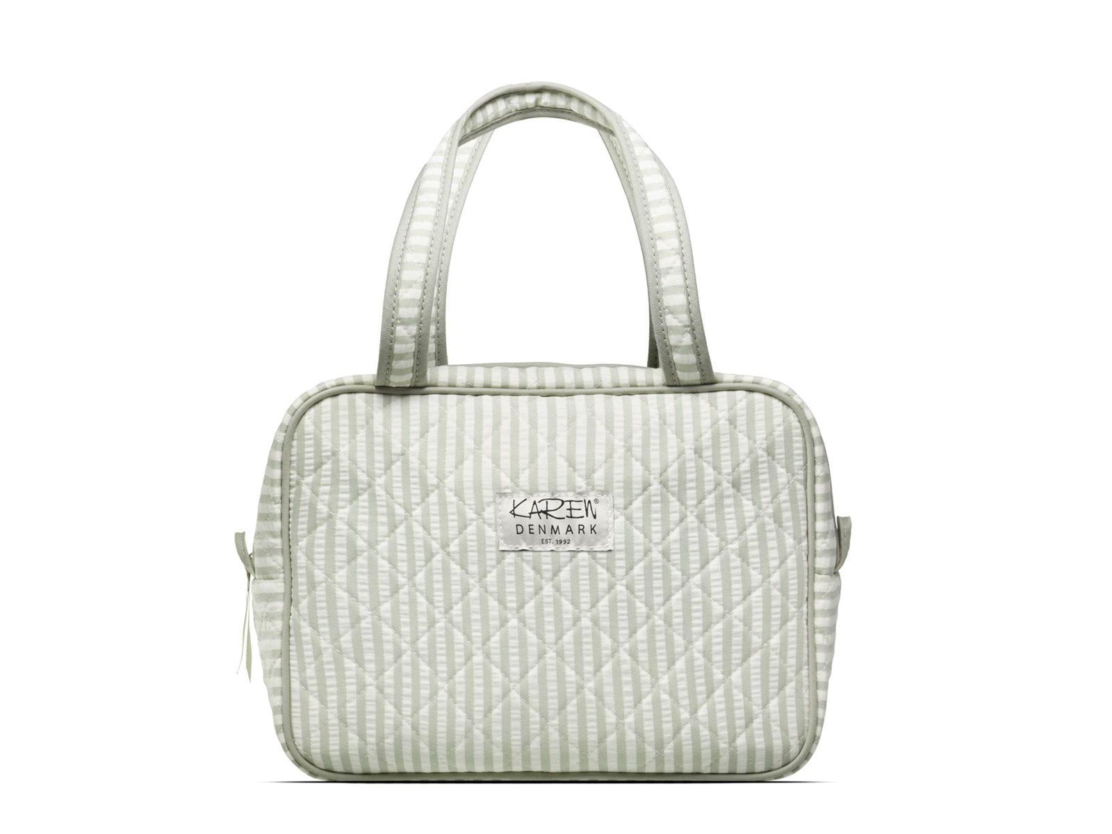 Karen Large toiletry bag with handle in green/white striped quilt