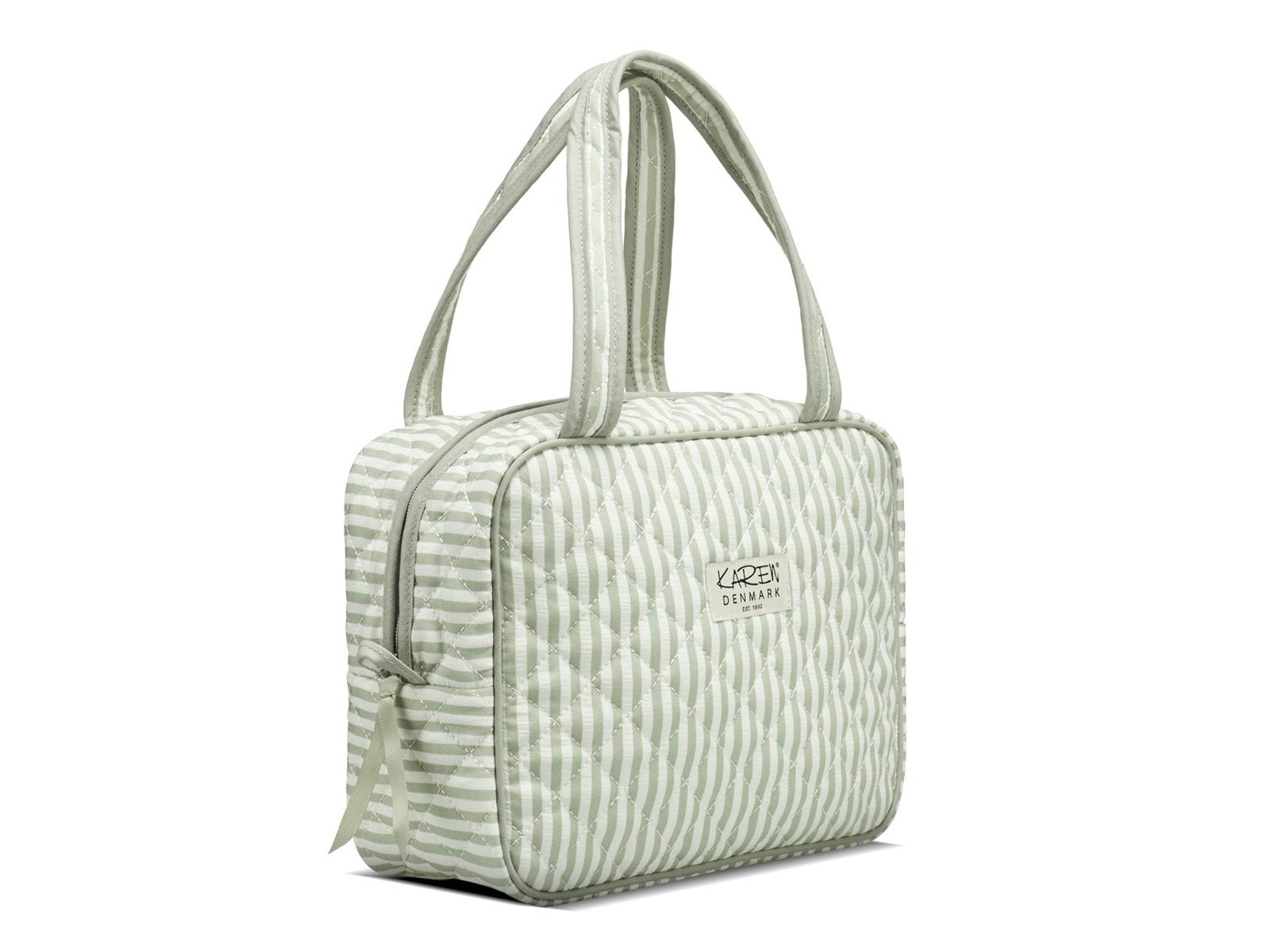 Karen Large toiletry bag with handle in green/white striped quilt