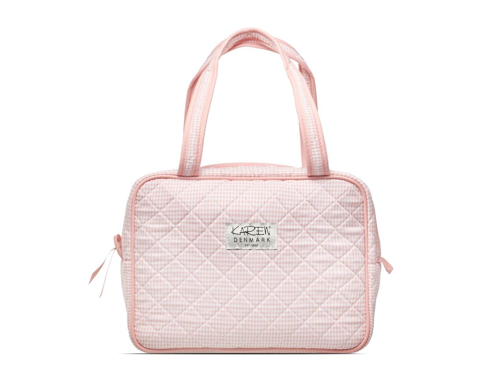 Karen Large toiletry bag with handle in pink checkered quilt