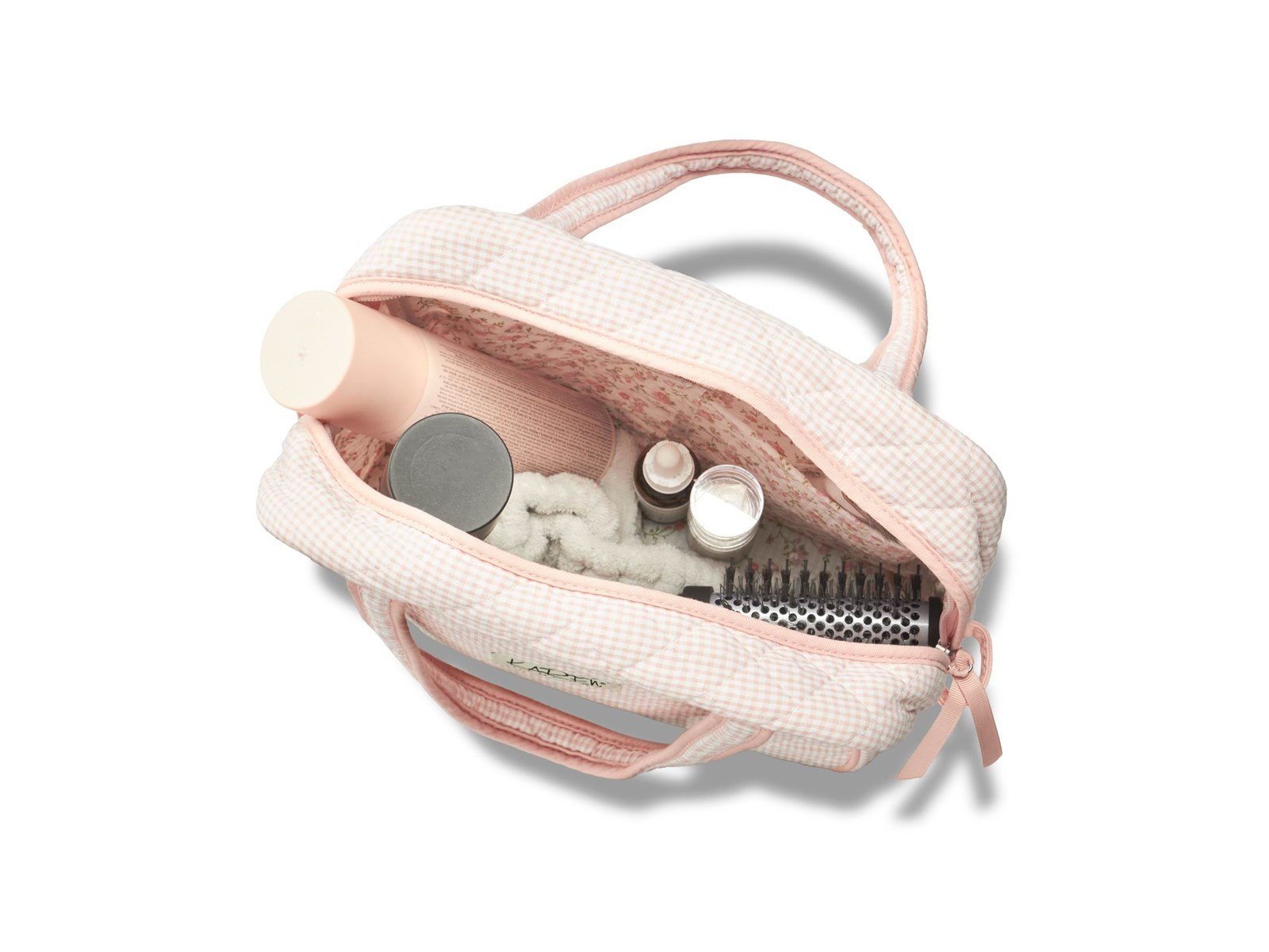 Karen Large toiletry bag with handle in pink checkered quilt