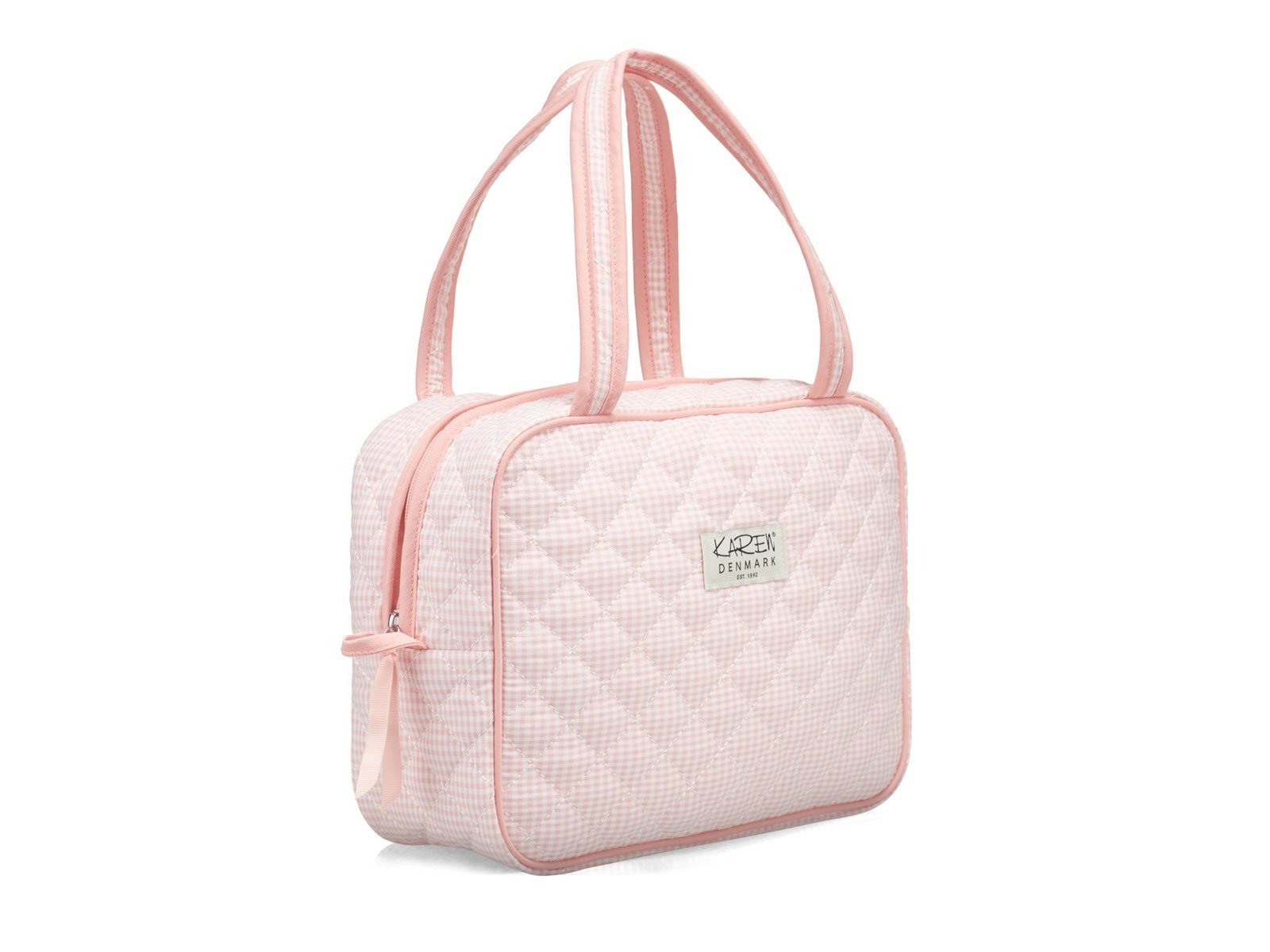 Karen Large toiletry bag with handle in pink checkered quilt