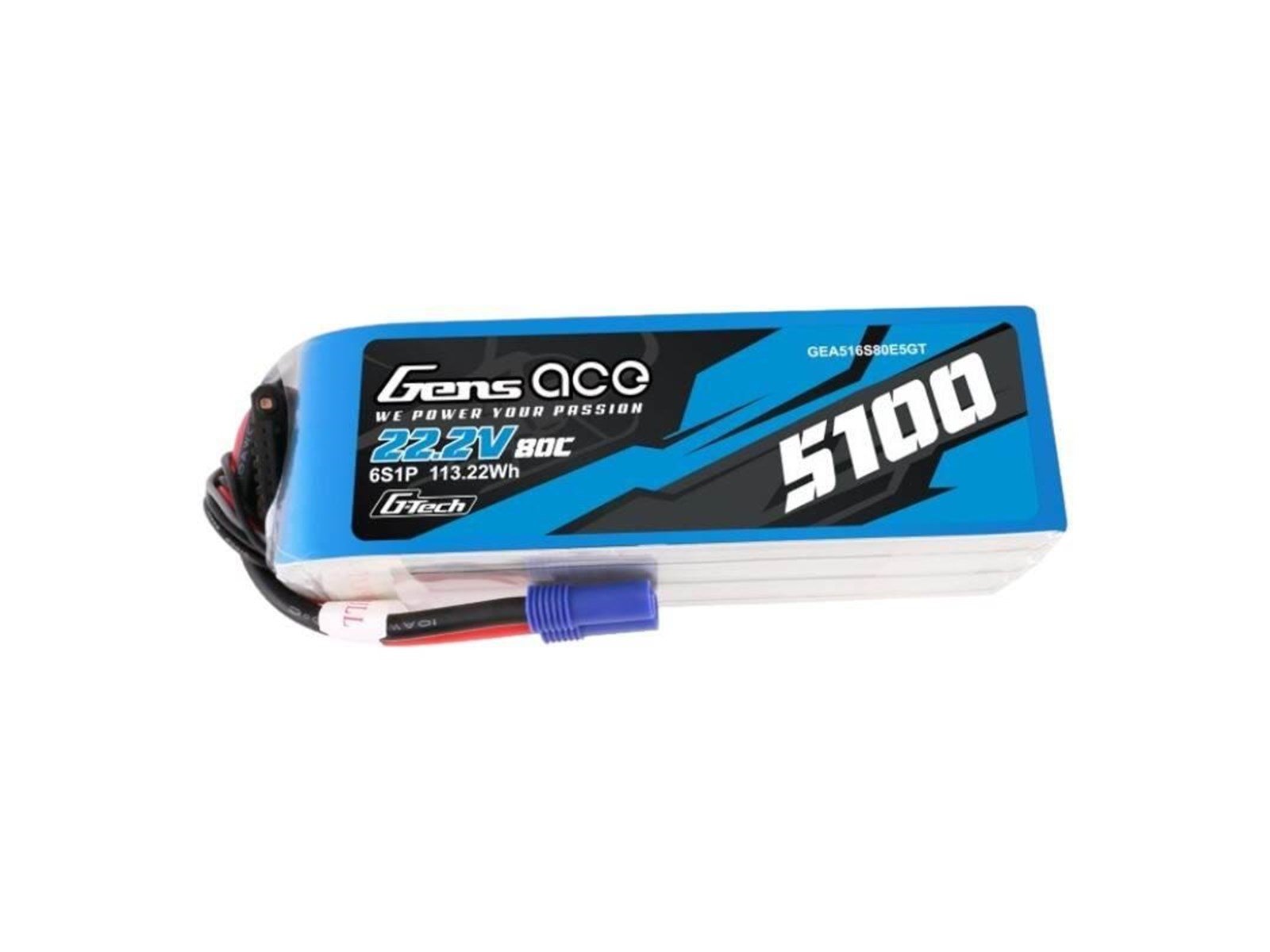 Gens ace &Tattu G-Tech 5100mAh 80C 22.2V 6S1P Lipo Battery Pack with EC5 plug