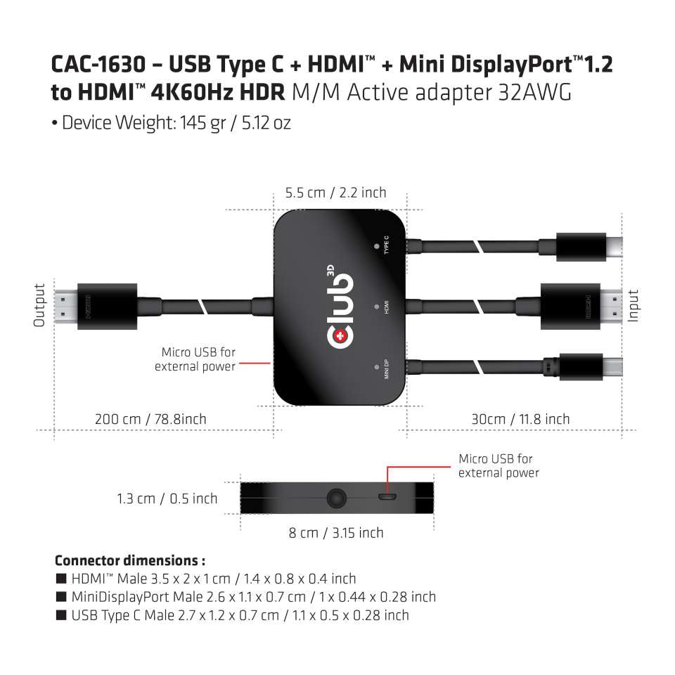 Club3D Adapter USB-C/HDMI/Mini-DP > HDMI aktiv   St/St/St/St ret