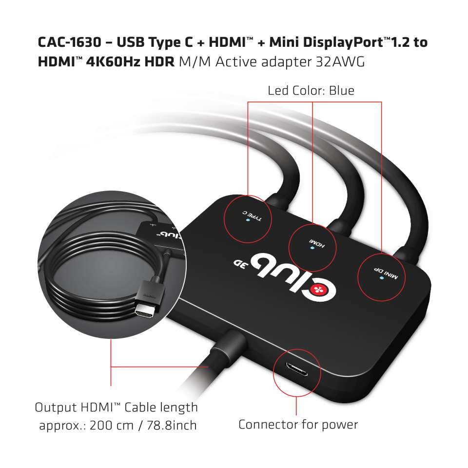 Club3D Adapter USB-C/HDMI/Mini-DP > HDMI aktiv   St/St/St/St ret