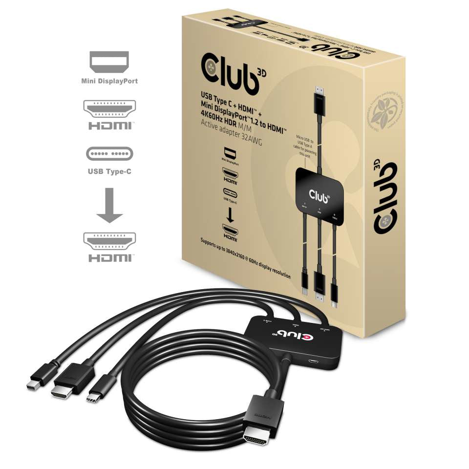 Club3D Adapter USB-C/HDMI/Mini-DP > HDMI aktiv   St/St/St/St ret