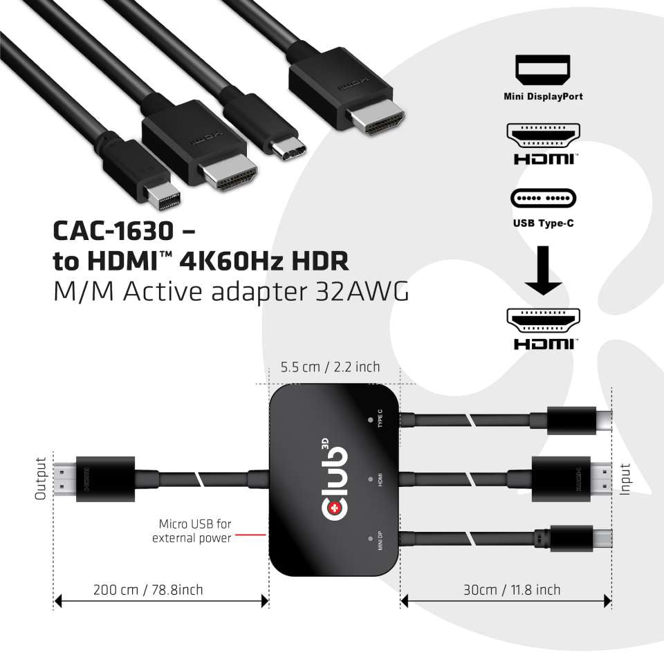 Club3D Adapter USB-C/HDMI/Mini-DP > HDMI aktiv   St/St/St/St ret