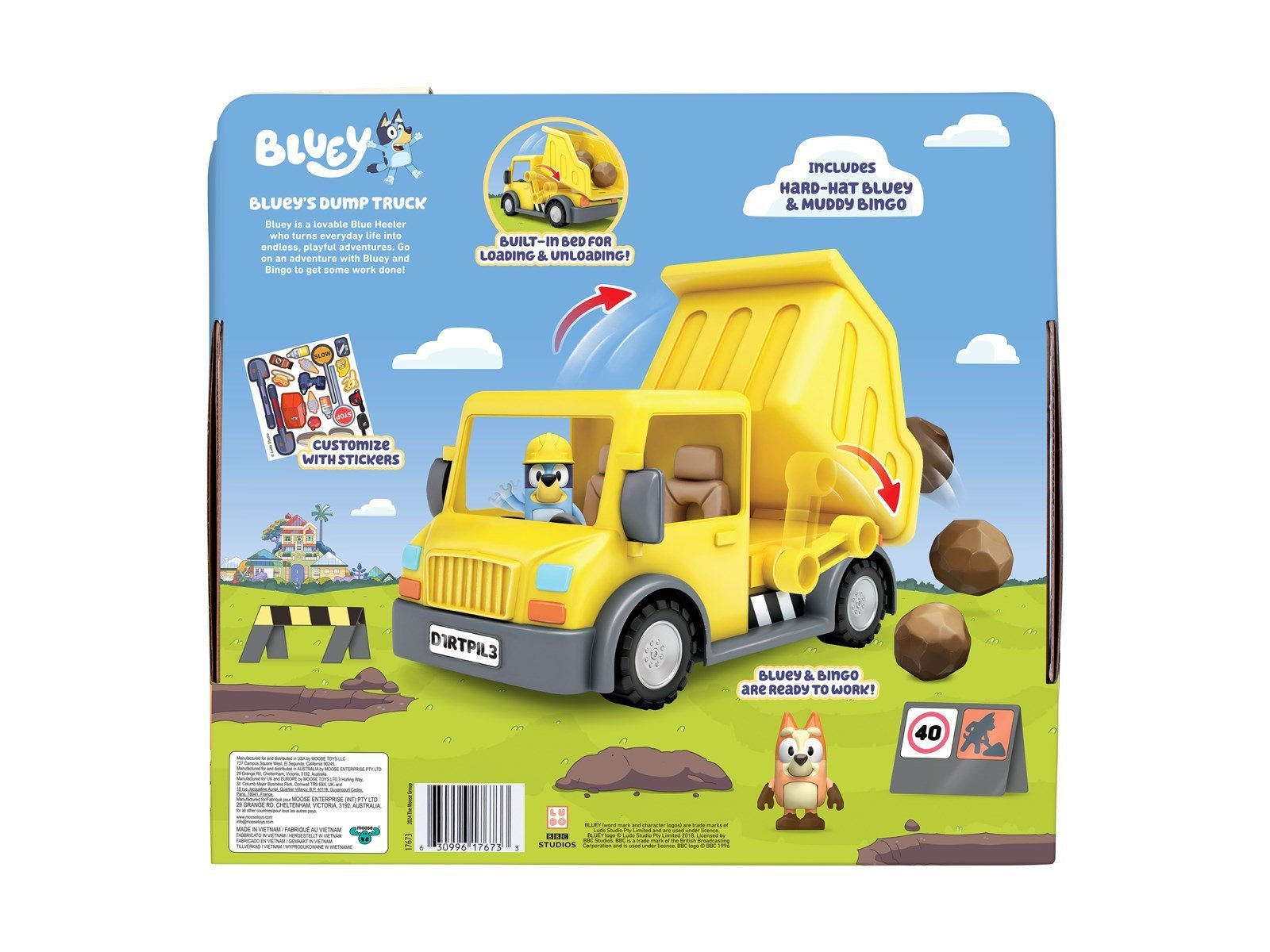 Bluey 's Dump Truck with Exclusive Hard-Hat  and Muddy Bingo Figures