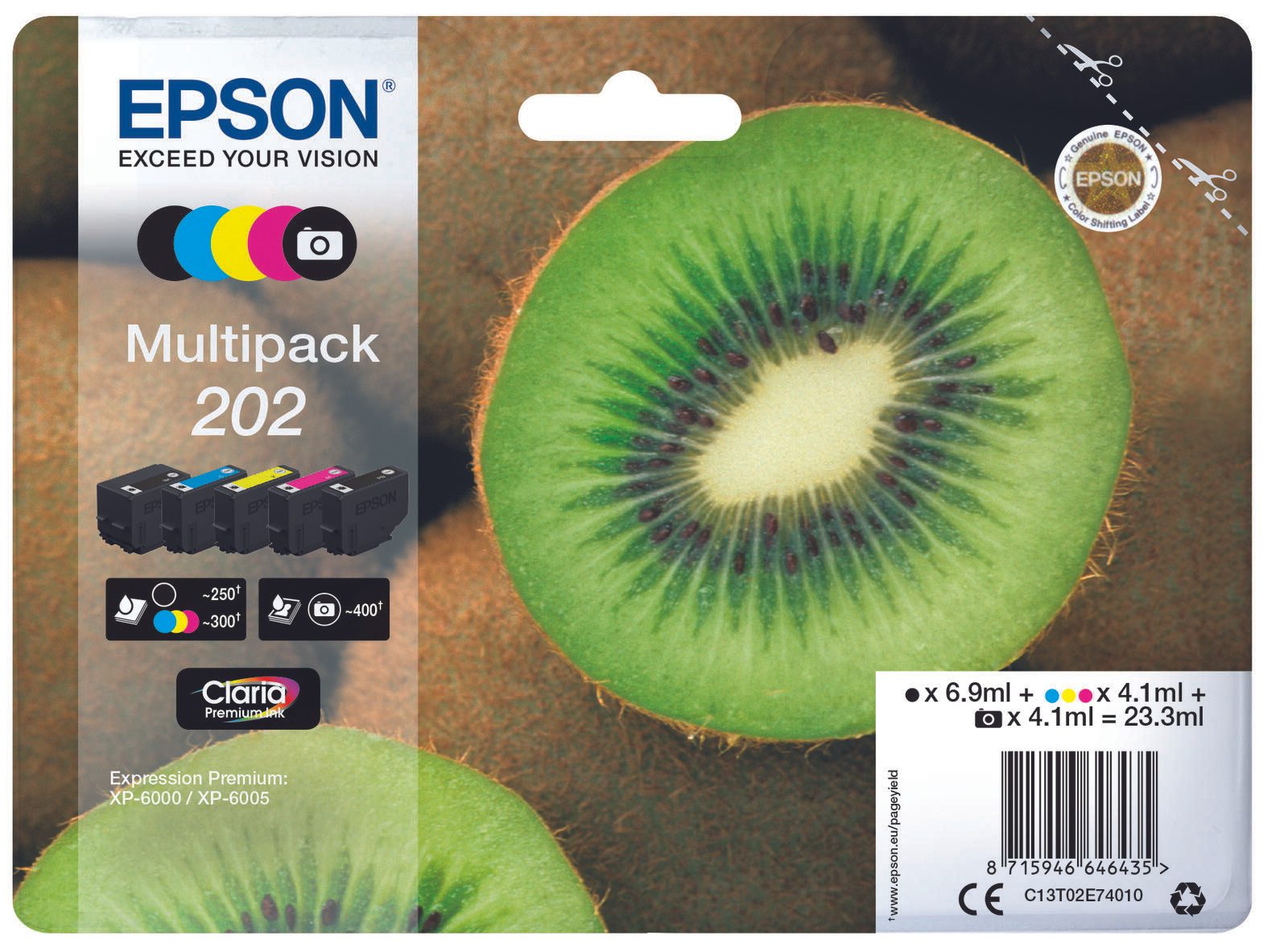 Epson Original 202 Kiwi Druckerpatronen 5er Multipack BK/PB/C/M/Y (C13T02E74010)