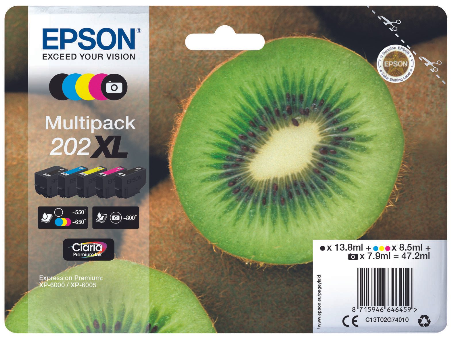 Epson Original 202XL Kiwi Druckerpatrone 5er Multipack schwarz, foto schwarz, cyan, magenta, gelb (C13T02G74010)