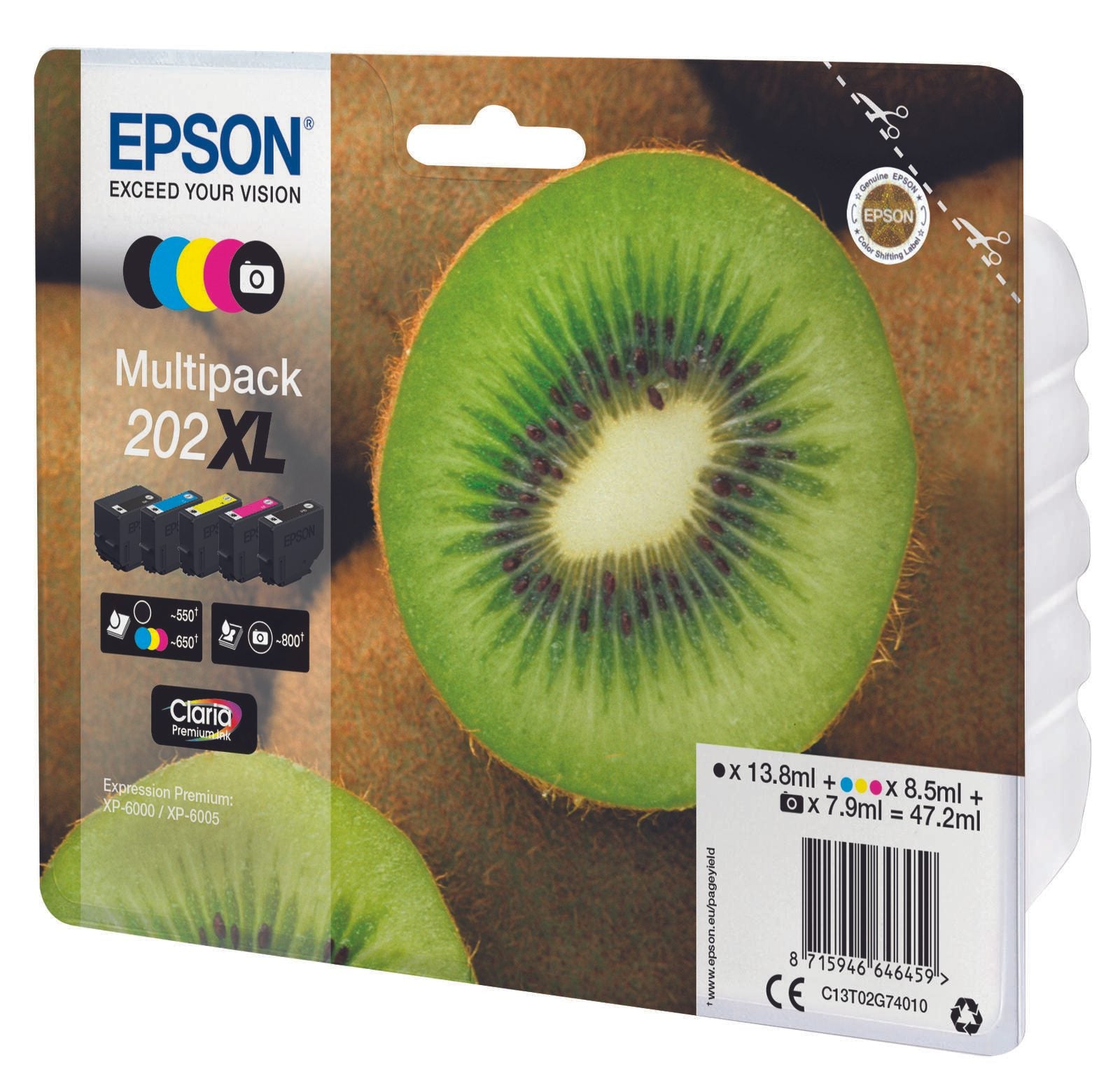 Epson Original 202XL Kiwi Druckerpatrone 5er Multipack schwarz, foto schwarz, cyan, magenta, gelb (C13T02G74010)