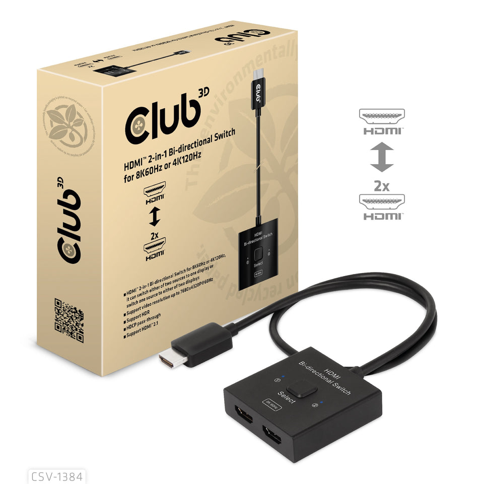 Club3D HDMI Switch 2-in-1 bidirektional   8K60Hz/4K120Hz UHD ret