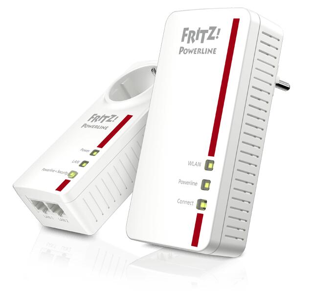 AVM FRITZ Powerline 1260 (früher 1260E) WLAN Set Powerline Adapterkit GigE, HomePlug AV WiFi5 Dual-Band an Wandsteckdose